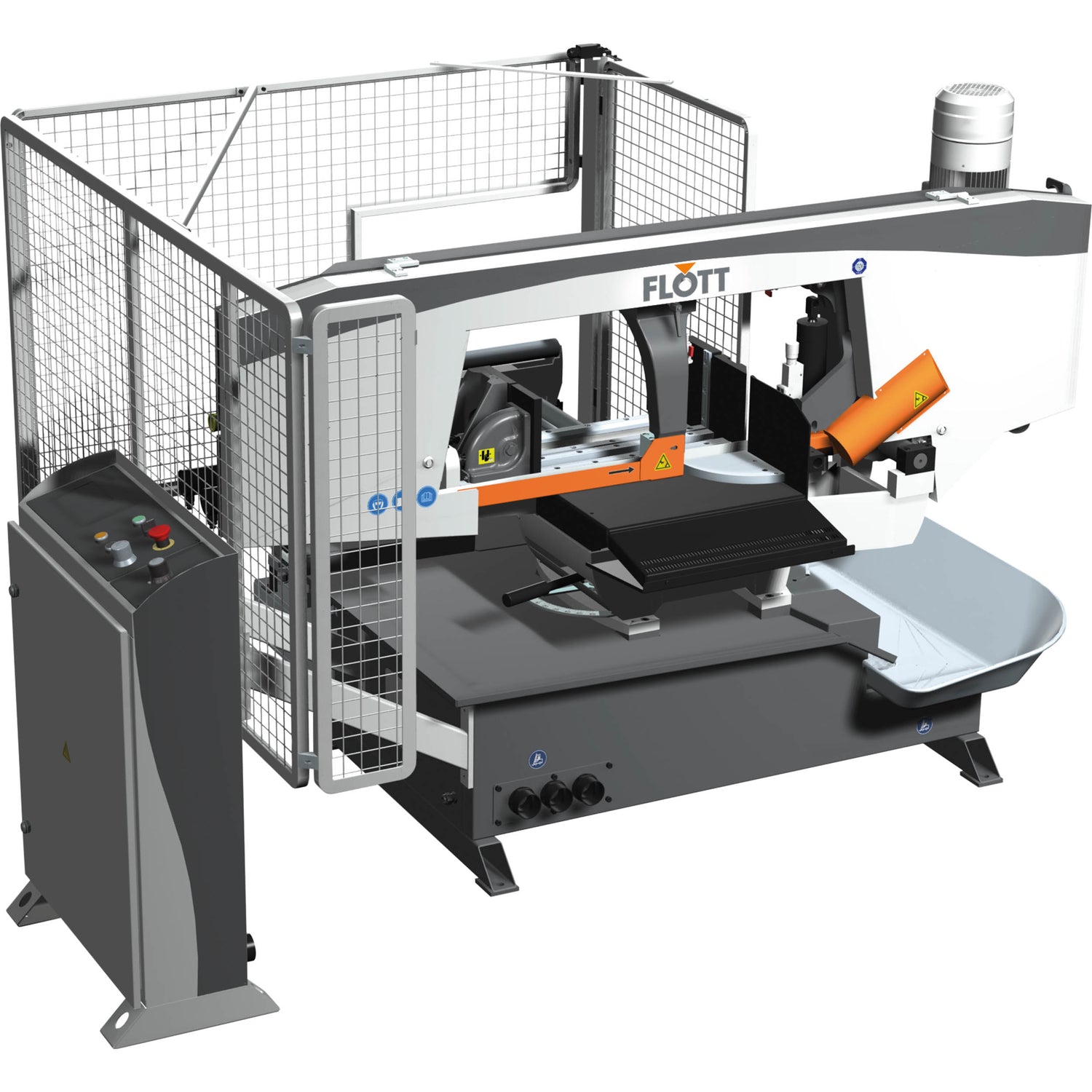 Segatrice a nastro Flott HBS 350 ANC con controllo LCD, morsa idraulica e alimentazione automatica del materiale per tagli precisi fino a 60°.