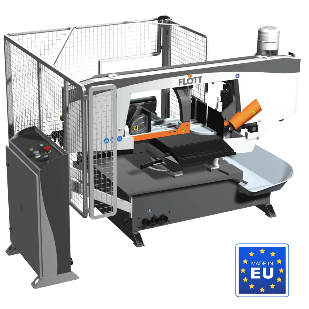 Segatrice a nastro Flott HBS 350 ANC con controllo LCD, morsa idraulica e alimentazione automatica del materiale per tagli precisi fino a 60°.