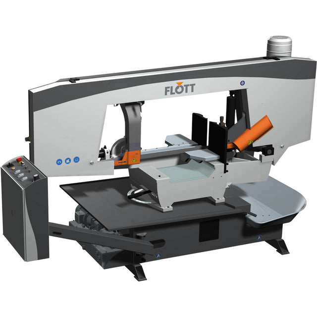 Segatrice a nastro orizzontale Flott HBS 450 HA per metallo, semiautomatica con motore da 3 kW, inverter e taglio a mitra fino a 60°.