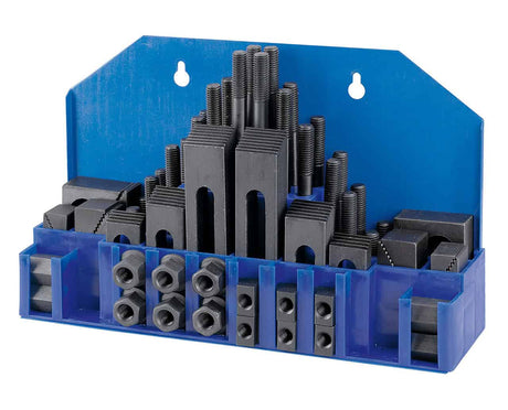 Set di serraggio Bernardo da 58 pezzi per cave a T da 10 mm con filettatura M8 e cassetta utilizzabile come supporto a parete.