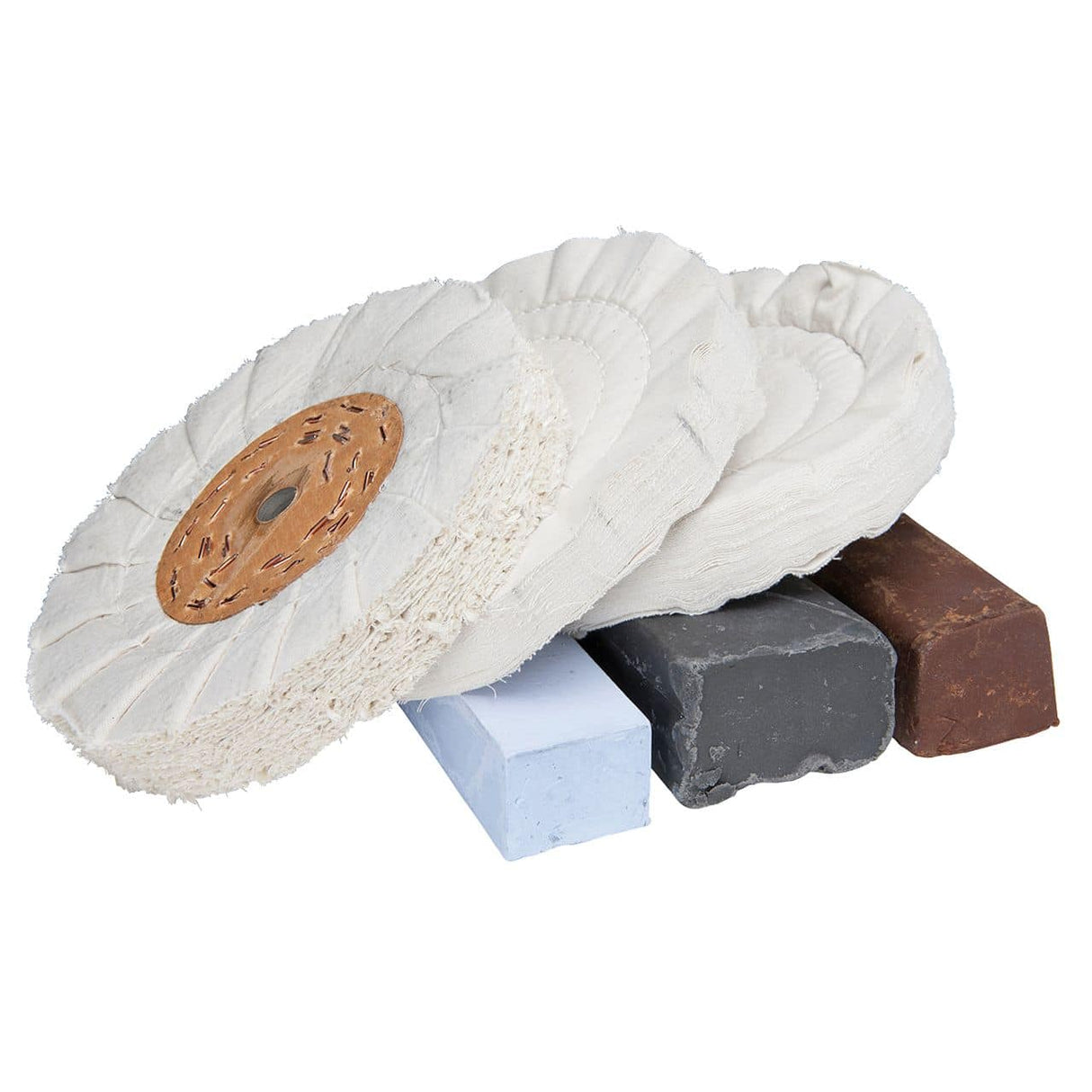 Set di 6 dischi in cotone Ø 200 mm con foro 16 mm per lucidatura alluminio, ideale per ottenere una finitura brillante e a specchio.