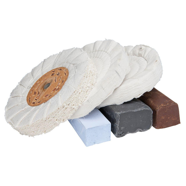 Set di 6 dischi in cotone Ø 200 mm con foro 16 mm per lucidatura alluminio, ideale per ottenere una finitura brillante e a specchio.