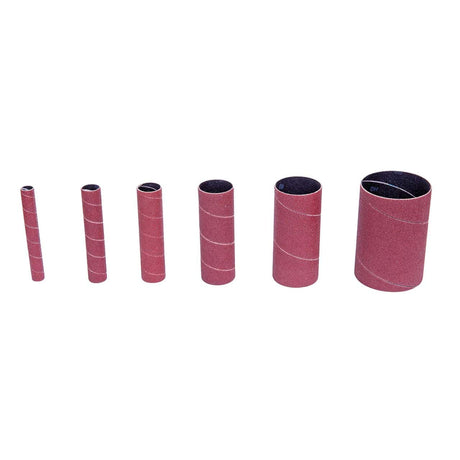 Set di manicotti abrasivi cilindrici grana K240 con diametri da 13 a 76 mm utilizzati per levigatura molto fine e finitura di superfici metalliche con levigatrice OVS 40.