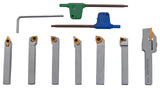 Set utensili da tornitura Bernardo 8 mm, 7 pezzi con inserti in metallo duro rivestiti TiN, forniti in valigetta in alluminio.