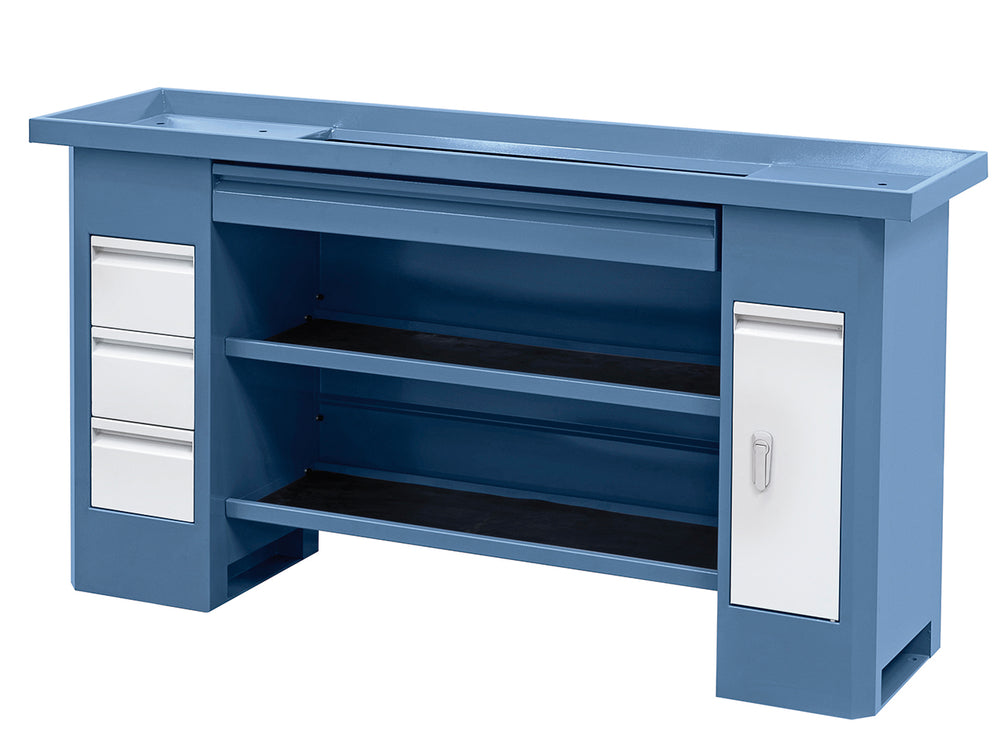 Supporto Bernardo D12 Deluxe in lamiera d’acciaio con vano portaoggetti e cassetti integrati, montato sotto tornio Profi(center) 880 G Vario.