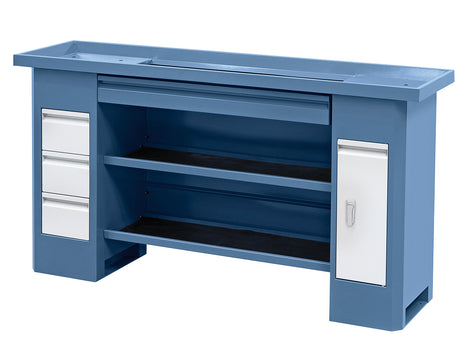 Supporto Bernardo D12 Deluxe in lamiera d’acciaio con vano portaoggetti e cassetti integrati, montato sotto tornio Profi(center) 880 G Vario.