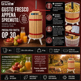 Torchio manuale Güde OP 30 con capacità di 30 litri, ideale per la spremitura di frutta e la produzione di succhi e mosto.