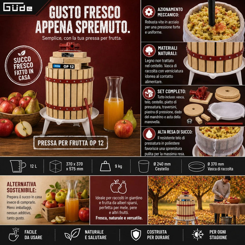 Torchio manuale per frutta Güde OP 12 in legno naturale non trattato, con cestello pressa da 12 litri, mandrino in acciaio robusto con asta manovella lunga e bacinella di raccolta con piedini. Ideale per produttori di frutta, agriturismi e caseifici semi-professionali.