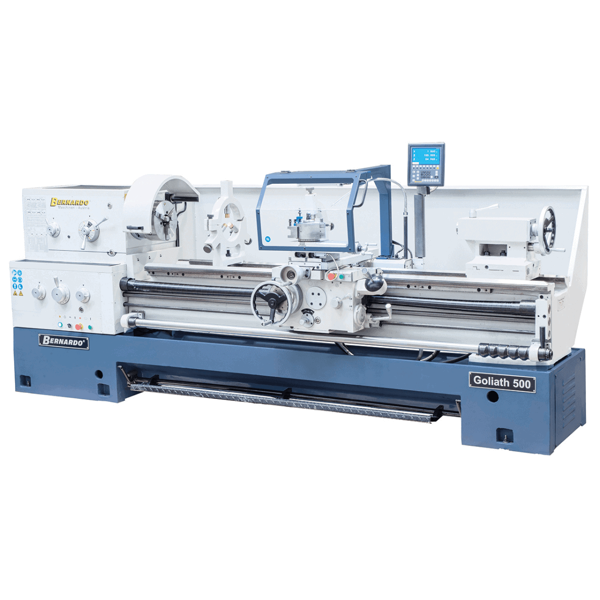 Tornio parallelo Bernardo Goliath 500 x 1500 per lavorazioni pesanti, con mandrino Ø 250 mm, lunette e visualizzatore digitale a 3 assi.