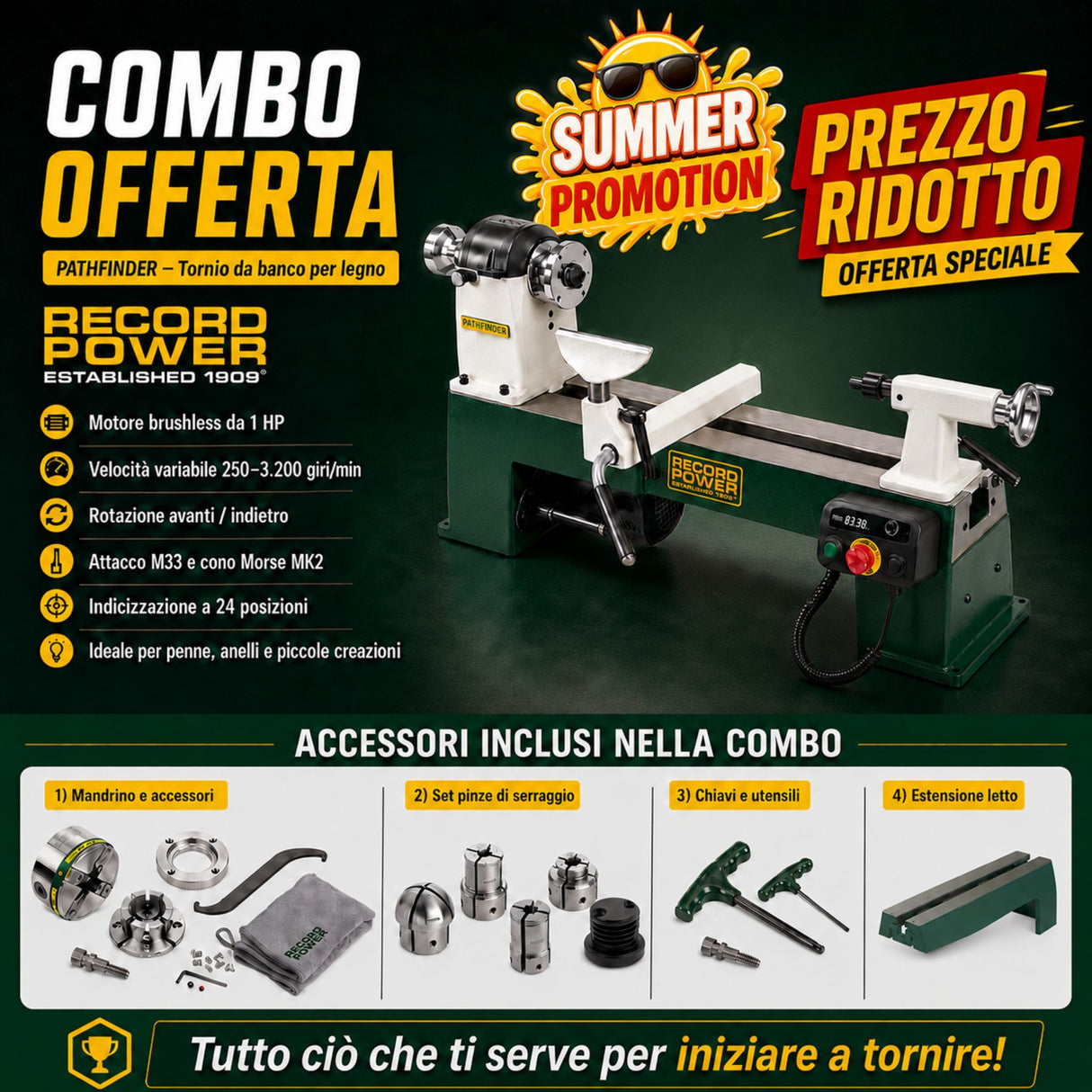 Tornio da banco Record Power Pathfinder con motore brushless, regolazione elettronica 250–3.200 rpm, altezza centri 152 mm, distanza tra le punte 406 mm. Set combo con prolunga letto in ghisa +600 mm (762 mm totali), mandrino, contropunta MK2 e trascinatore MK2 inclusi.