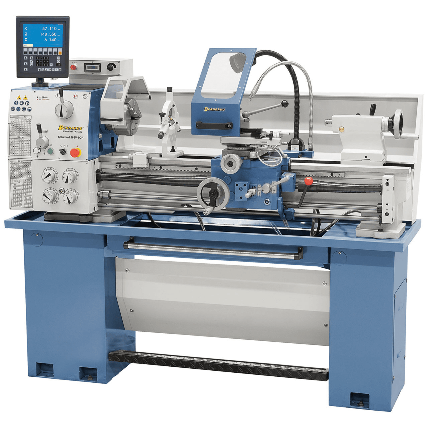 Vista frontale del tornio universale Standard 165 V-Top con bancale prismato rinforzato, ponte asportabile, portautensili rapido Multifix e visualizzatore digitale a 3 assi.