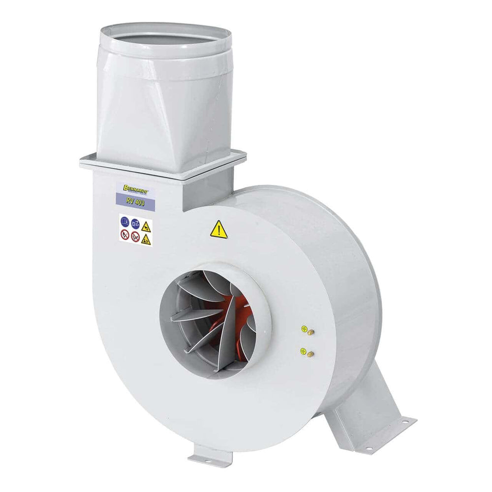 Ventilatore centrifugo Bernardo RV 403 da 5800 m³/h con girante in acciaio bilanciata, verniciatura a polvere e staffa per montaggio a parete o a soffitto.