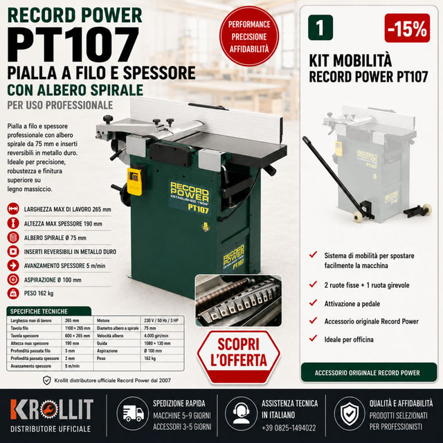 Pialla a filo e spessore Record Power PT107 con albero a spirale e kit ruote