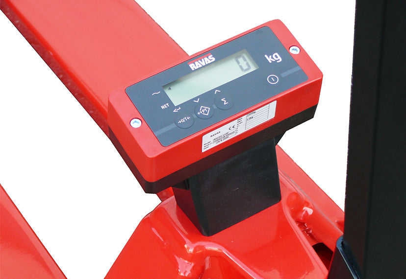 Transpaleta pesapalés RAVAS 1100 – pesaje base, capacidad 2.000 kg IP67