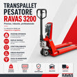Transpallet pesapallet RAVAS 3200 vista frontale, portata 2.000 kg, batteria Li-ion 75 ore