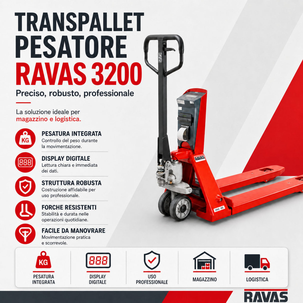 Transpallet pesapallet RAVAS 3200 vista frontale, portata 2.000 kg, batteria Li-ion 75 ore