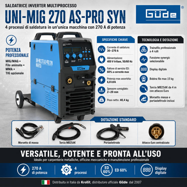 Saldatrice inverter Güde Uni-Mig 270 AS-Pro SYN 400V trifase con display digitale e traino filo a 4 rulli
