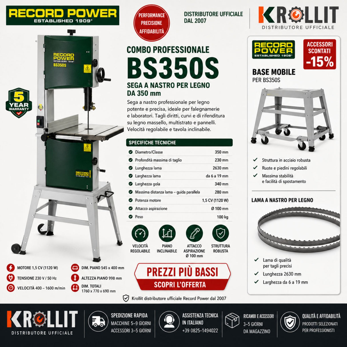 Sega a nastro per legno Record Power BS350S Premium 350 mm con carrello sterzante