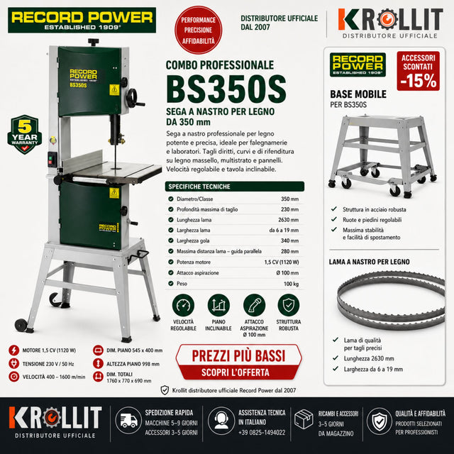 Sega a nastro per legno Record Power BS350S Premium 350 mm con carrello sterzante