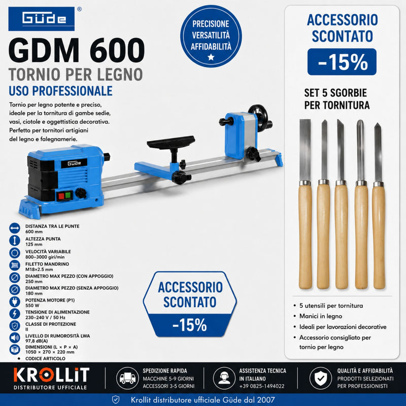 Combo Tornio per legno Güde GDM 600 + set sgorbie da tornitura 5 pezzi