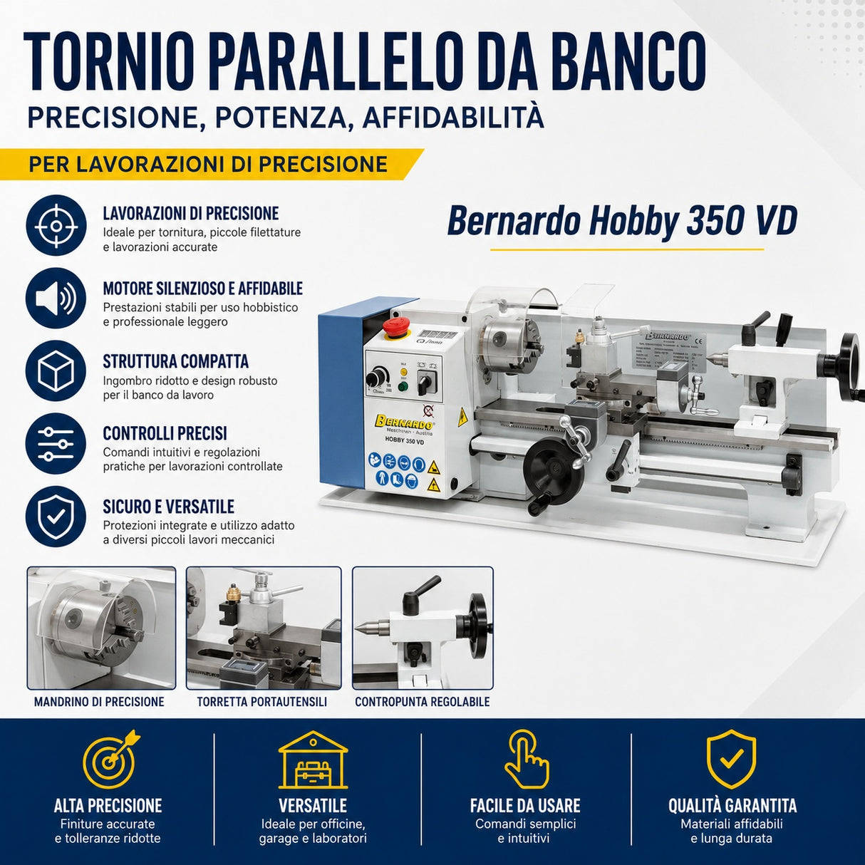 Torno metal Bernardo Hobby 350 VD – distancia brocas 350 mm, display digital velocidad + carro, avances automáticos, motor 0.35 kW, 230V monofásico, peso 44 kg