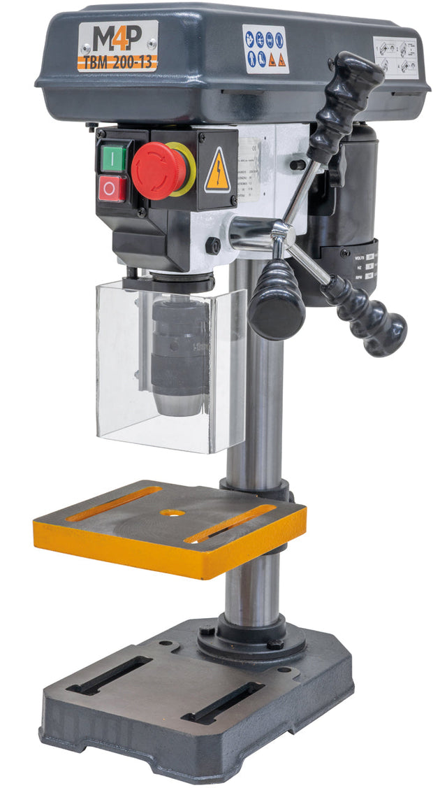 Trapano a colonna da banco TBM 200-13 da 230 V con mandrino autoserrante da 1 a 13 mm e piano di lavoro inclinabile a 45 gradi
